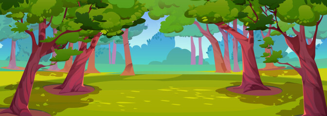 Sunny summer forest, park nature landscape. Cartoon spring wood background with green grass under trees, bushes Vector illustration