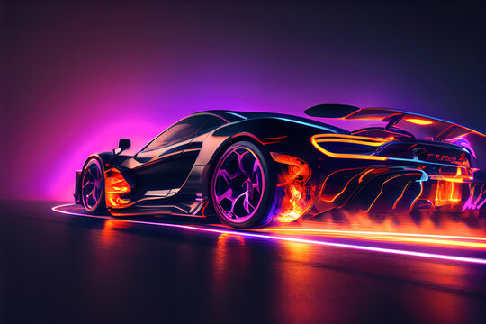 Speeding of a neon supercar on a night road. 3d illustration. Generative AI