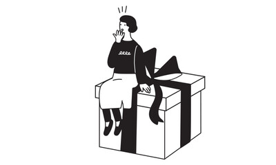 プレゼントの上に座るシンプルな女性のイラスト
