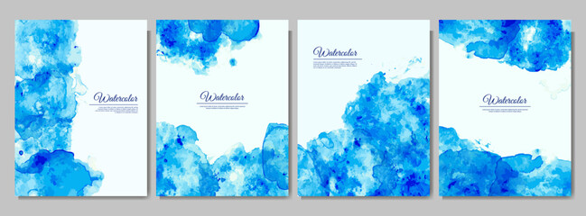 Vector illustration. Watercolor paints. Abstract contemporary aesthetic backgrounds set. Design for poster, layout, book cover, magazine, postcard, invitation. Modern art print. Blue and white color