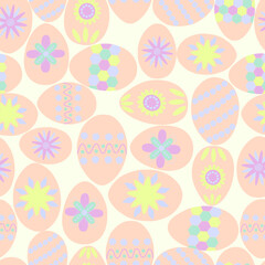 Easter seamless pattern, background, spring, cute hares, colorful eggs, pastel color. Hand drawn. Vector