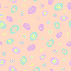 Easter seamless pattern, background, spring, cute hares, colorful eggs, pastel color. Hand drawn. Vector