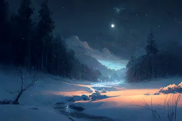 Fotobehang 美麗で幻想的な雪国系背景のイラスト(AI generated image) © Game Material Store