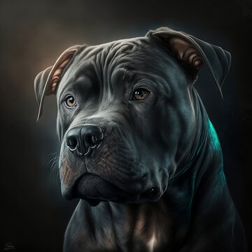 A fictional portrait of a black pitbull dog