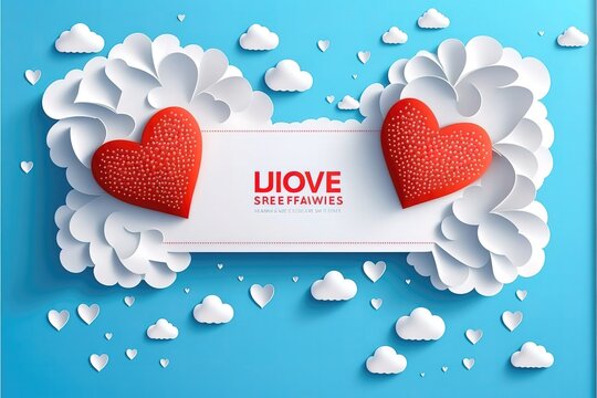 Horizontal banner with paper cut clouds and flying hearts in blue sky, papercut craft art. Place for text. Happy Valentines day sale concept, voucher template with square frame