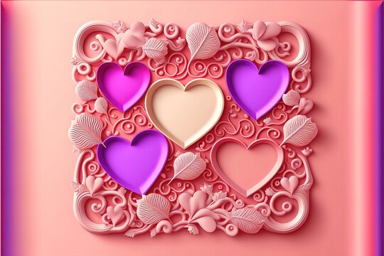 Saint valentine day background with colorful hearts with frame. Happy valentines day and weeding design elements. Vector illustration. Pink Background With hearts. Doodles and curls. Be my valentine