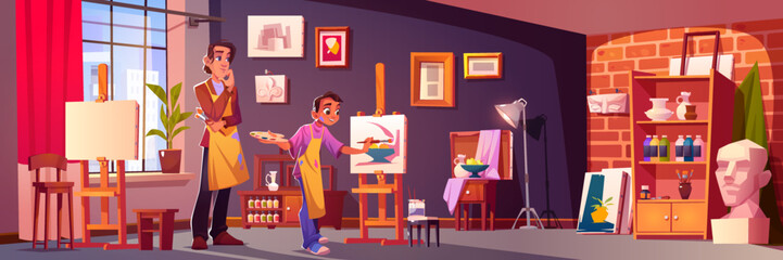 Teacher artist and student in art studio class. Drawing education, workshop, painting lesson. Classroom interior with canvas on easel, man and boy with palette and brush, vector cartoon illustration