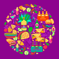 Mexican colorful symbols isolated on brown. Fiesta circle pattern. Vector.