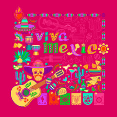 Viva Mexico pattern. Mexican colorful symbols isolated on pink. Vector.