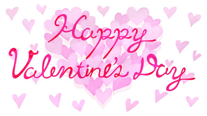 「Happy Valentine’s Day」の文字付きのハートマークの背景。水彩風イラスト。