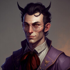 Fototapeta premium A Tiefling male with red skin, sharp appearance and noble background, skilled in working with animals and equipped with the tools for it, though he has a weak physique.
