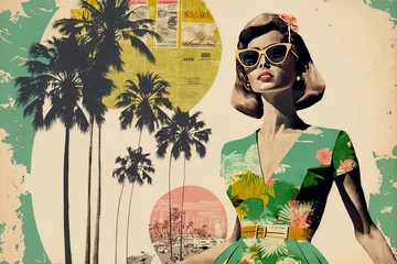 Fototapeten Summer travel vacation concept. 60s retro pop art background. Digital Illustration, Generative AI © LiliGraphie