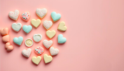 Obraz premium heart background flat lay top view minimalist with copy space or text area, colorful hearts.ai generative content