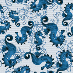 Watercolor-blue seamless pattern with seahorses, sea background.