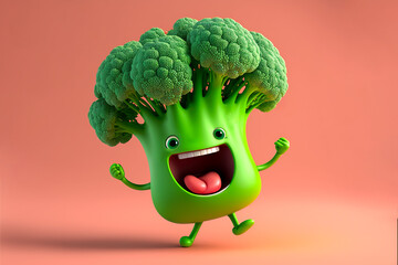 Adorable jumping broccoli character, Generative AI