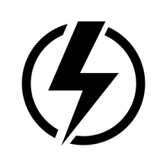 Electric lightning bolt sign inside a circle. In black color isolated in transparent background. Lightning bolt in single zig zag shape. Super hero symbol.