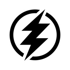 Electric lightning bolt sign inside a circle. In black color isolated in transparent background. Lightning bolt in double zig zag shape. Super hero symbol.