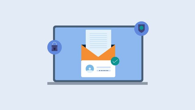 Password protected email login cyber security concept, accessing email information with authorised system on laptop screen animation video.
