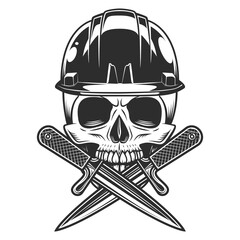 New construction builder skull with crossed knife, hard hat business business remodeling house vintage style illustration