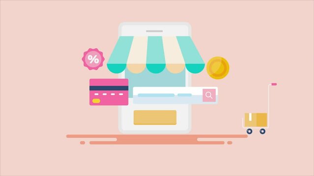 Online shopping from smartphone using credit card, mobile ecommerce with discount code and trolley animation video.
