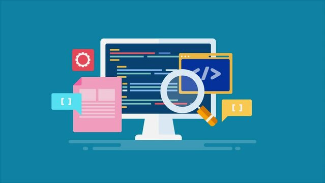 Web development writing code on screen, software engineering programming application document animated video clip.