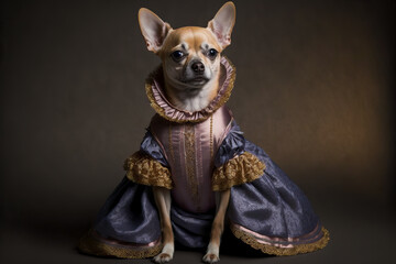 Chihuahua wearing a regal dress. Pet portrait in clothing. Dog fashion. Post-processed generative AI