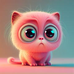 Shocked pink kitty, kitten is afraid. Illustration of the character of a cute fluffy kitten with big eyes. Kawaii character tiny code front view, childhood concept. Ai generated illustration.