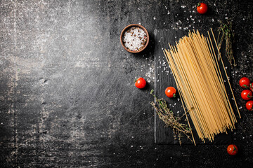 Spaghetti dry on a stone board. 