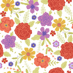 Fototapeta na wymiar Seamless pattern with various flowers on a white background. Vector graphics.