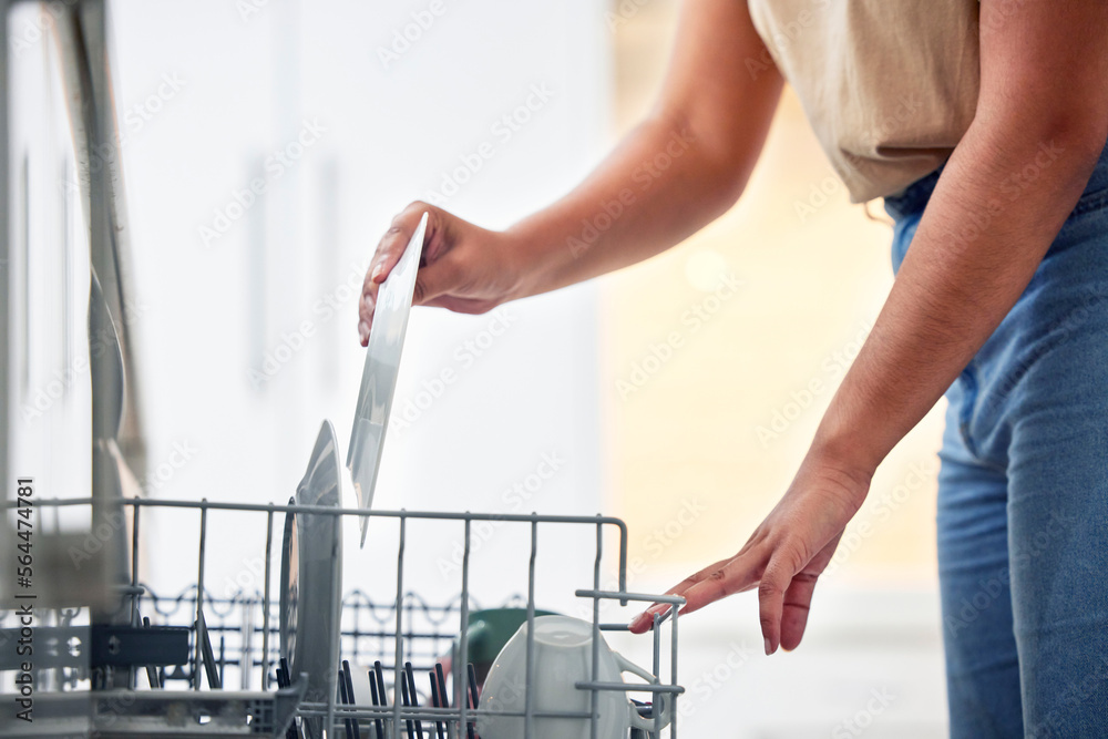 Sticker Hands, cleaning and dishwasher with a woman packing plates in her home for housekeeping or hygiene. Kitchen, machine and housework with a female cleaner putting dishes in a rack to get clean