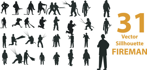 vector set of fireman sillhouette with diferent style isolated on white background