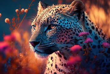 Mythical white fur spotted leopard; elusive and rarely seen ancient forest guardian and protector, stealthy and perfectly camouflaged. Piercing gaze with regal posture - generative AI illustration.