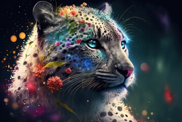 Mythical white fur spotted leopard; elusive and rarely seen ancient forest guardian and protector, stealthy and perfectly camouflaged. Piercing gaze with regal posture - generative AI illustration.