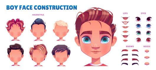 Boy avatar construction set. Child face creation with head parts, eyes, lips with different emotions, noses, hairstyles, brows isolated on white background, vector cartoon set - obrazy, fototapety, plakaty