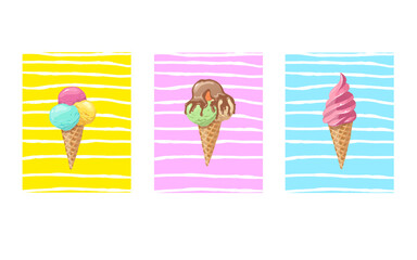 Set of bright banners with ice cream illustrations. Template advertising placards design. Hand drawn vector clip art. 