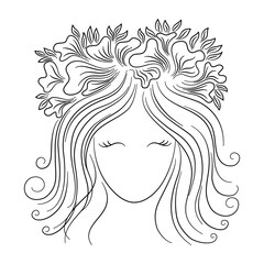 Woman line art, at vintage style design Black pine lines on white background for decorating cards, product design, digital printing, women's day, t-shirt patterns, fabric patterns, mug design and more