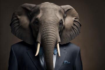 Cute portrait of an Elephant dressed in a formal business suit, Generative AI