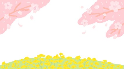 Scenery of cherry blossom(sakura) and field mustard Flat design Cute and simple hand drawn illustration / 桜の木と菜の花の景色 フラットなデザイン かわいくてシンプルな手描きイラスト