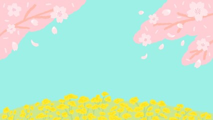Scenery of cherry blossom(sakura) and field mustard Flat design Cute and simple hand drawn illustration / 桜の木と菜の花の景色 フラットなデザイン かわいくてシンプルな手描きイラスト