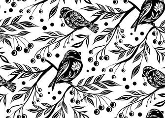 Vector seamless decorative pattern with birds and rowan berries on branches. Black tracery texture with bullfinches in the bushes on white background.
