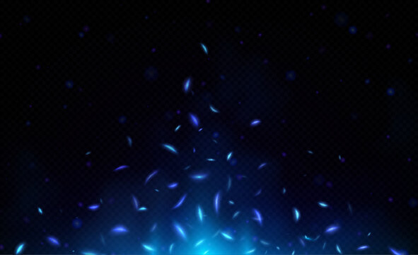 Blue fire effect with flying light sparks. Abstract overlay background with shiny dust, glitter, blue flare with sparkles and glowing particles, vector realistic illustration