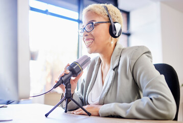 Podcast, radio and microphone of black woman in radio show, live streaming or audio conversation...