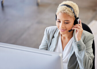 Top view, call center and black woman in office, customer support for telemarketing, help or...