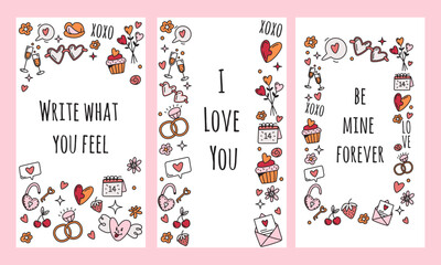 Fototapeta na wymiar Vector set of valentines day social posts,storys with symbols in doodle style