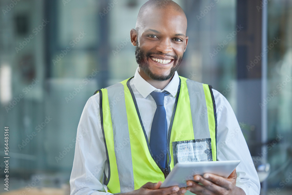 Poster portrait, black man and engineer with tablet for engineering research. architecture, construction an