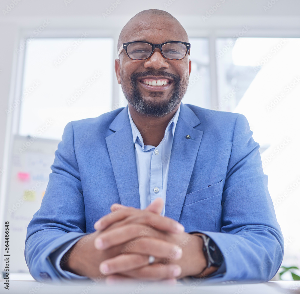 Poster Businessman, CEO and portrait smile for management, leadership or corporate executive sitting by office desk. Happy African American male manager smiling for entrepreneurship, sales or investment