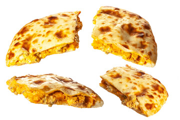 Stuffed chicken naan slices in different angles isolated on white background