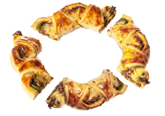 Philly cheese steak naan bread cut in slices and different angles isolated on white background