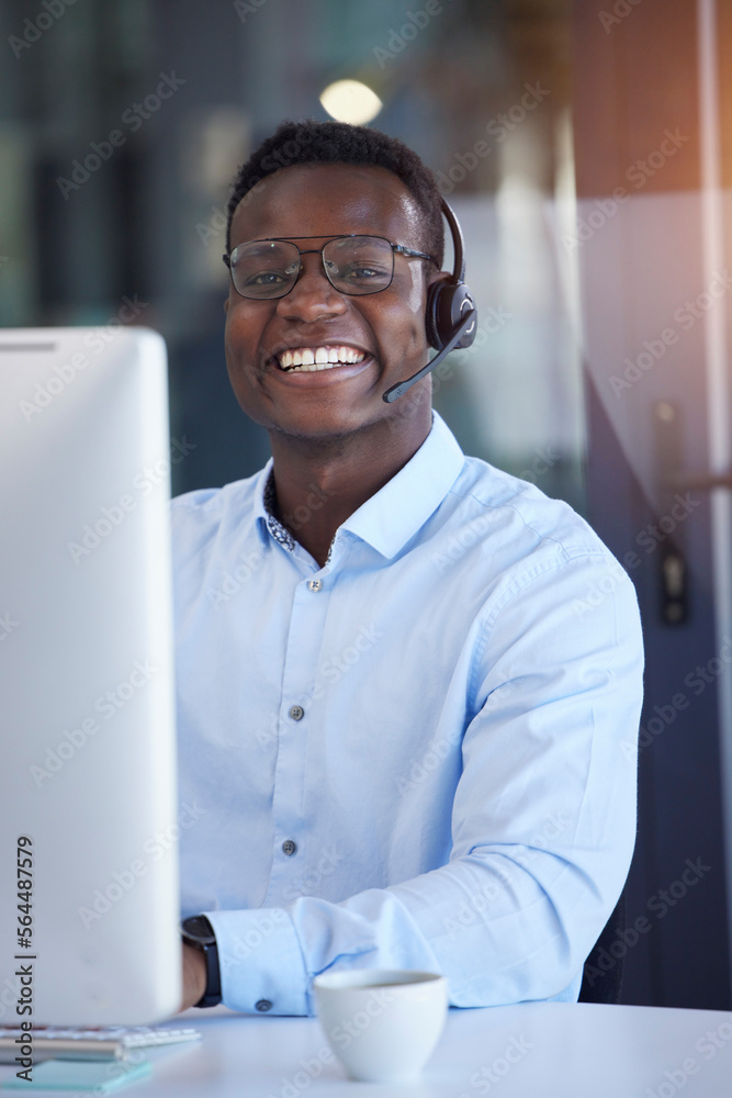 Poster black man, call center and portrait by computer with smile, typing and customer service in office. c
