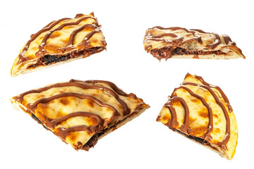 Different angles of sliced naan bread calzone quesadilla stuffed with chocolate spread.